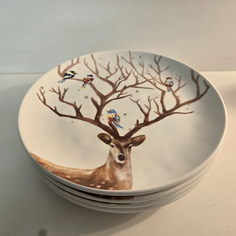 4pc Pier One Imports Salad Plates Reindeer w/ Birds Alexander Brunch Holiday 8.5